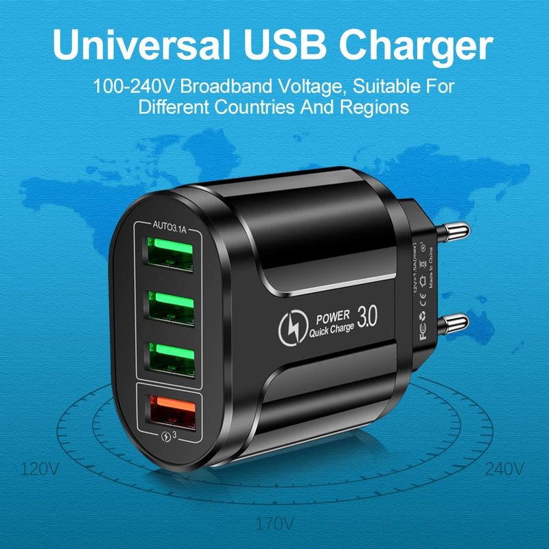 4 Ports USB Fast Charger 48W Wall Adapter Quick Charge 3.0 for Smartphones