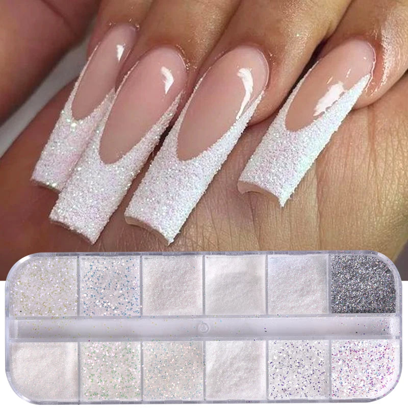 12 Grids White Iridescent Nail Glitter Powder - Fine Sugar Flakes for Wedding & Manicure DIY