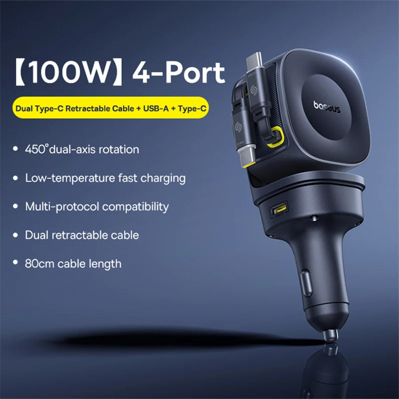 100W Car Charger with Dual USB-C Ports Fast Charging Retractable Cable 450° Rotation