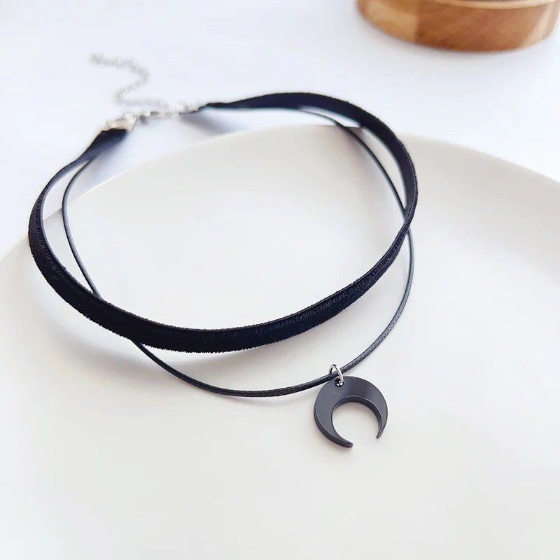 Black Acrylic Moon Crescent Pendant Choker Necklace for Women