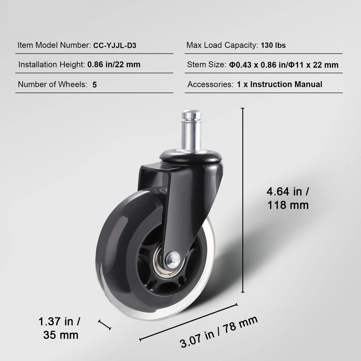 Universal Office Chair Wheels Set - 2/3 Inch Caster Replacement for Hardwood & Carpet Floors