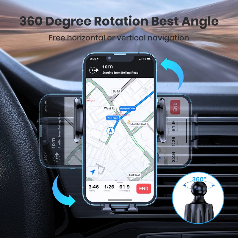 Car Phone Holder Mount for Air Vents - Adjustable 360° Rotation, Metal Hook, Universal Compatibility