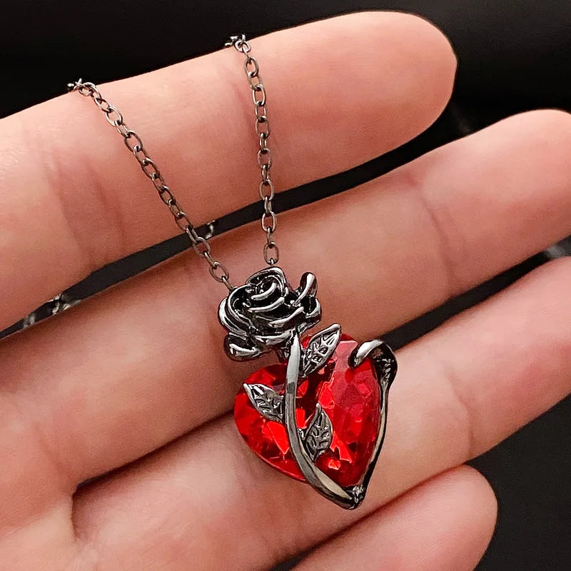 Gothic Rose Red Heart Necklace for Women Y2K Grunge Jewelry Dainty Pendant