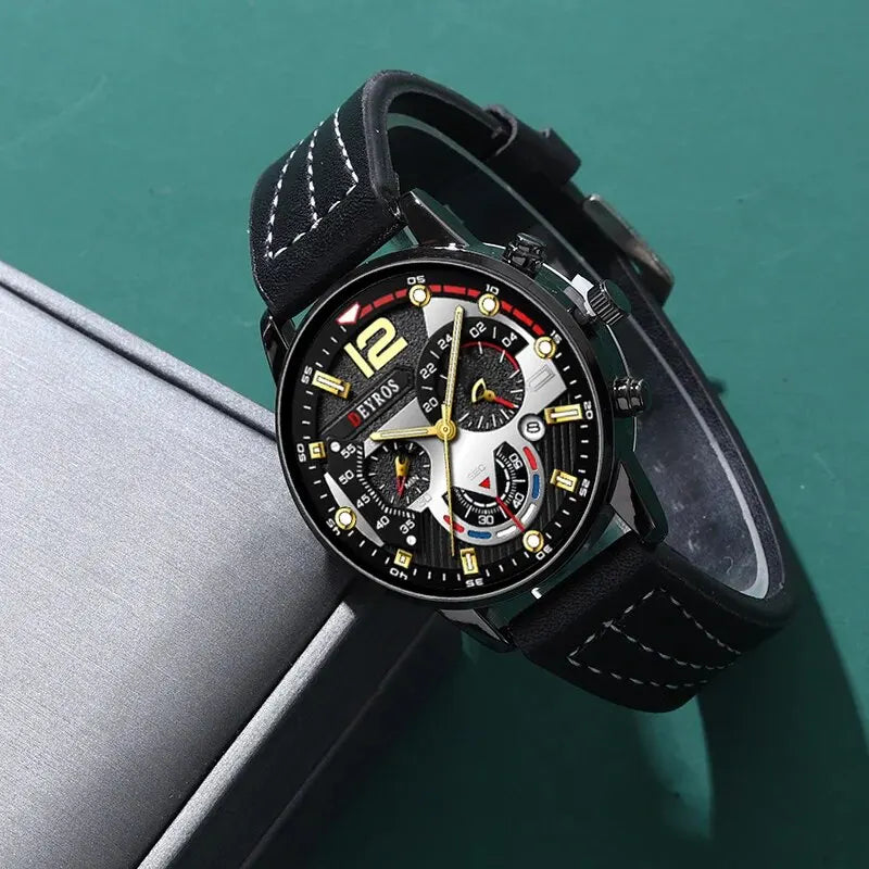 Men's Fashion Quartz Watch Set with Leather Strap and Calendar - Multiple Colors