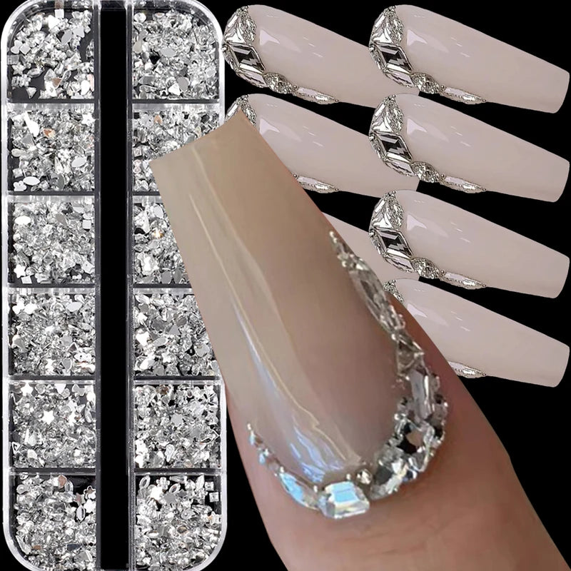 Mini Nail Art Rhinestone Decorations 12-Grid Dazzling Crystal Gems for Manicure
