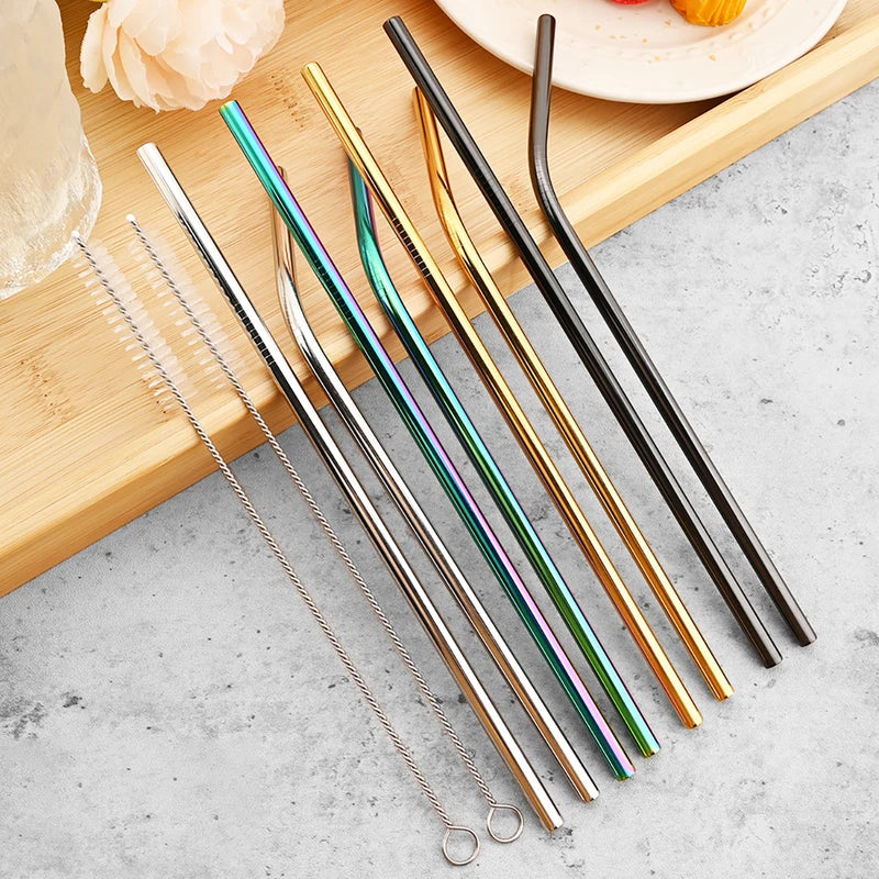Reusable Stainless Steel Drinking Straws Set - 4/8 Pieces with Cleaning Brush