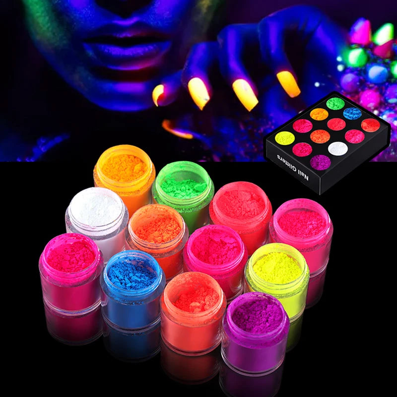 12-Color Neon Pigment Powder Set for Nail Art & DIY Manicure - Fluorescent Glitter Dust