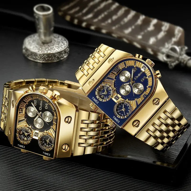 Luxury Multi-Time Zone Men's Quartz Watch with Large Dial and Luminous Steel Band