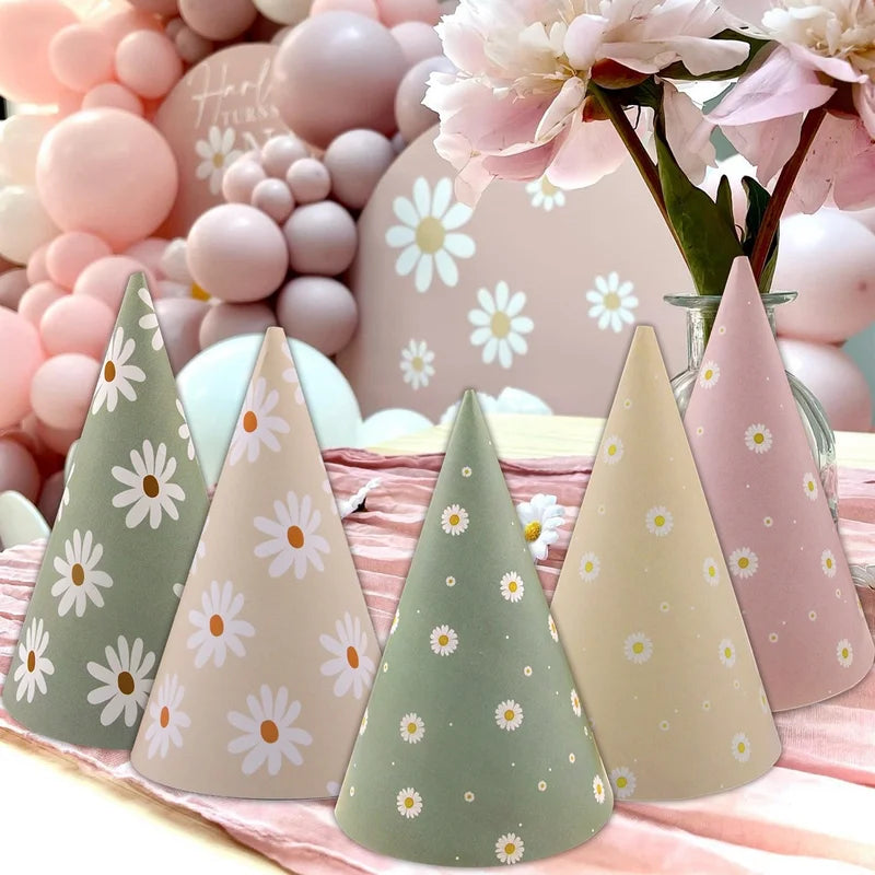 6-Pack Daisy Flower Paper Party Hats for Baby Shower & Birthday Decorations