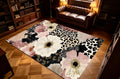 Abstract Floral Area Rug - Black & White Ink Style Pattern, Multiple Sizes