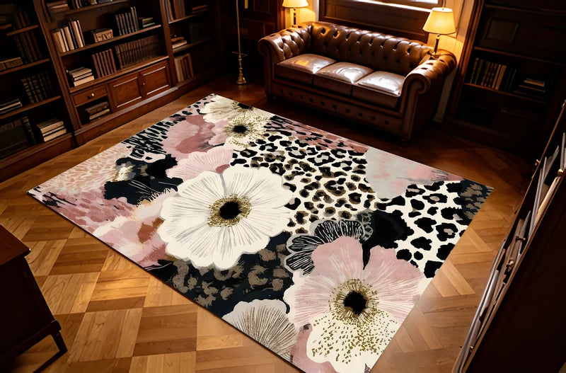 Abstract Floral Area Rug - Black & White Ink Style Pattern, Multiple Sizes