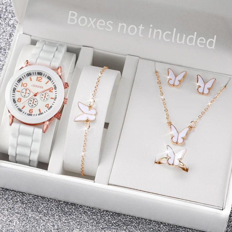 Women’s Fashion Quartz Watch Set with Silicone Band and Jewelry Accessories 5-6PCS