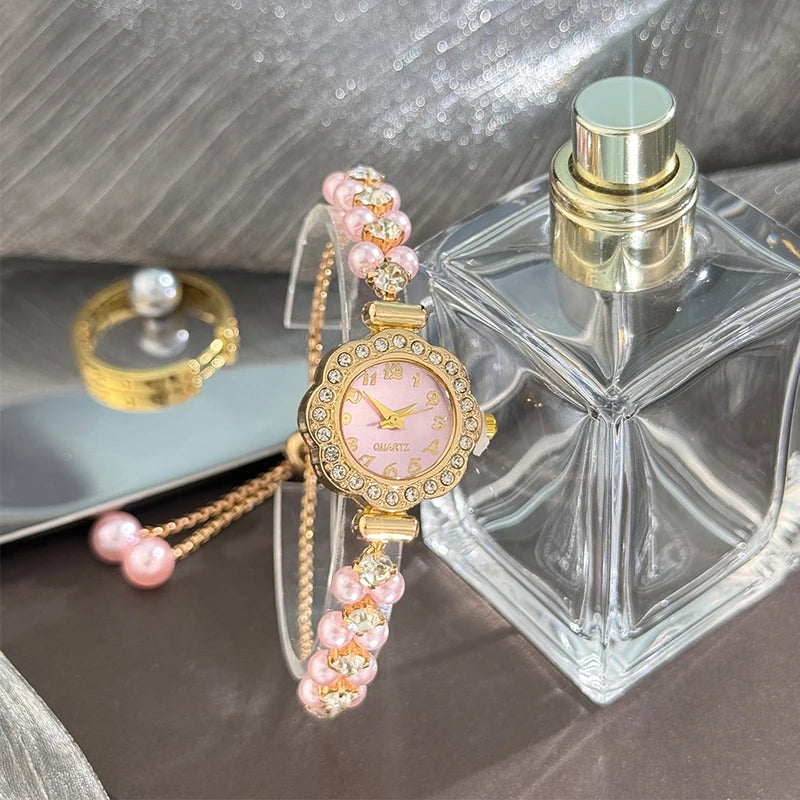 Luxury Double-Row Pearl Quartz Watch with Diamond-Encrusted Case for Ladies