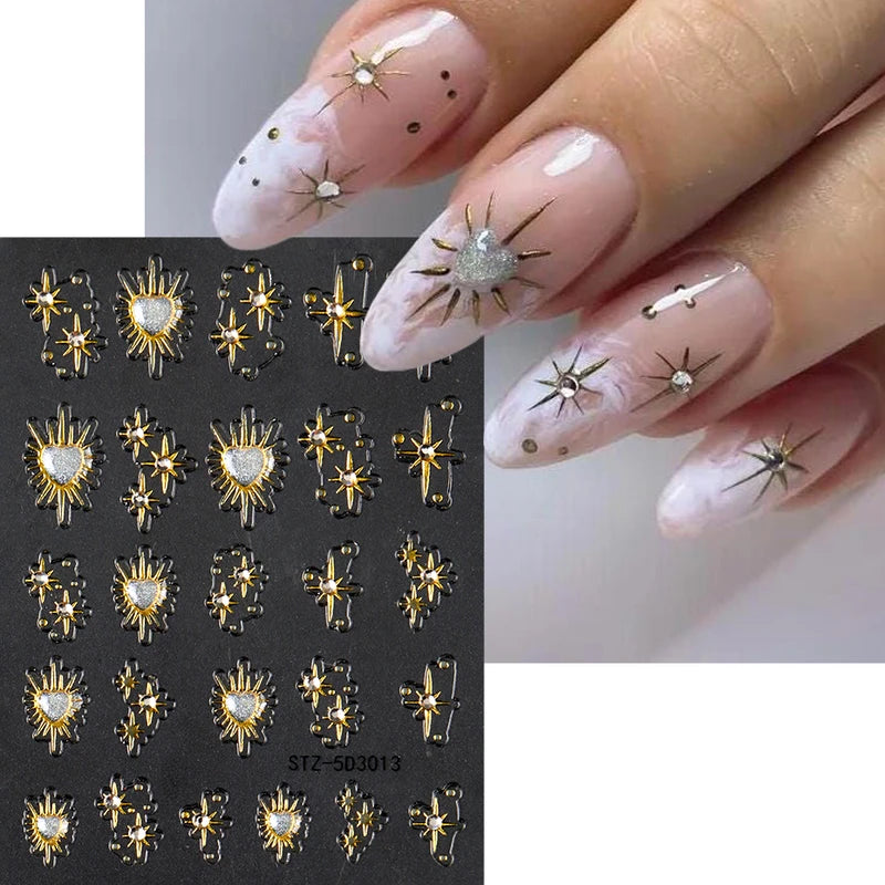 2Pcs Shiny Gold Heart and Star Nail Art Stickers - 3D Rhinestone Decals