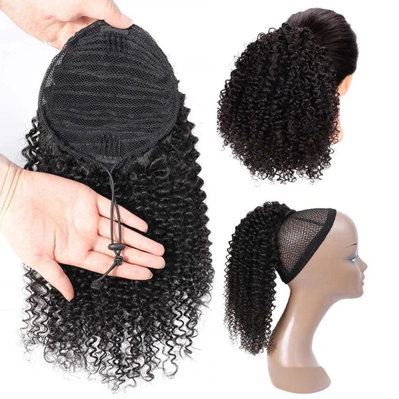 Long Afro Kinky Curly Drawstring Ponytail Human Hair Extensions for Black Women
