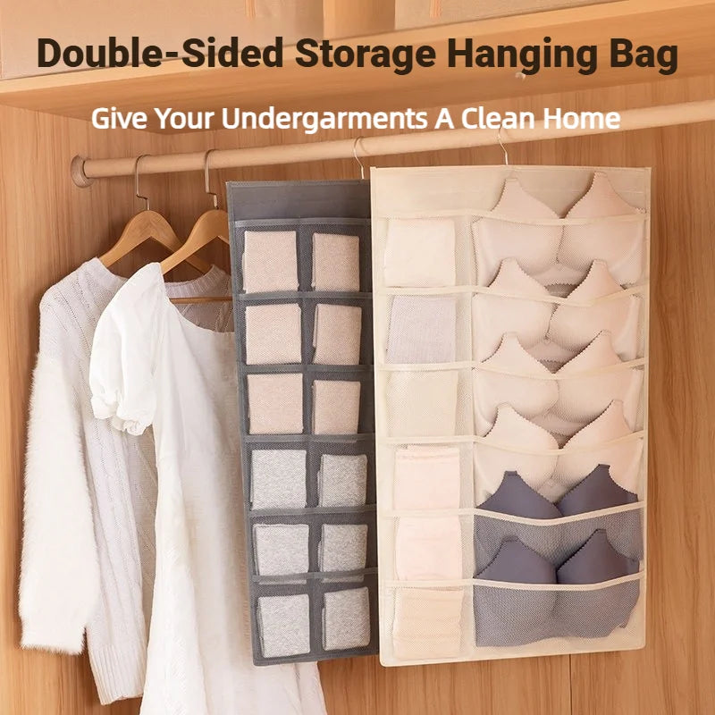 Foldable Double-Sided Hanging Storage Bag with Mesh Pockets for Underwear Socks