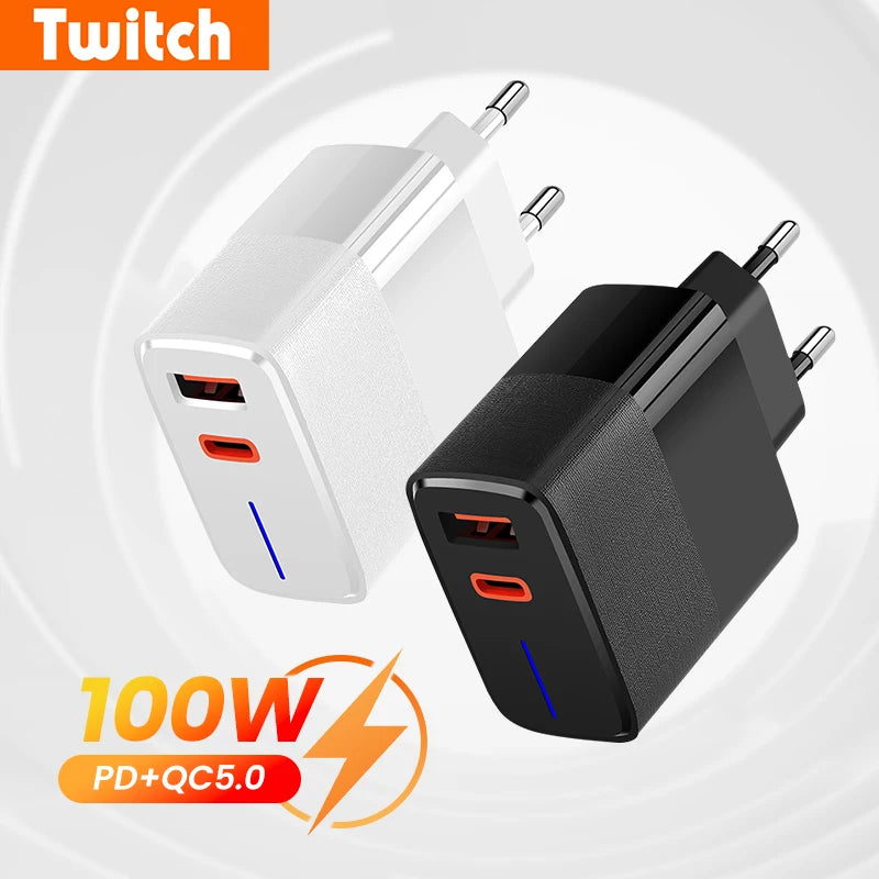 100W USB Fast Charger with 2 Ports PD QC3.0 Type C Phone Adapter for iPhone Samsung Huawei