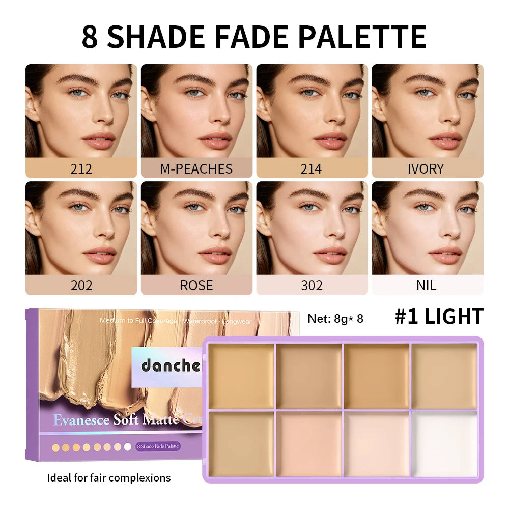 Full Coverage Matte Concealer Palette - 8 Shades, Waterproof & Long Lasting Face Makeup