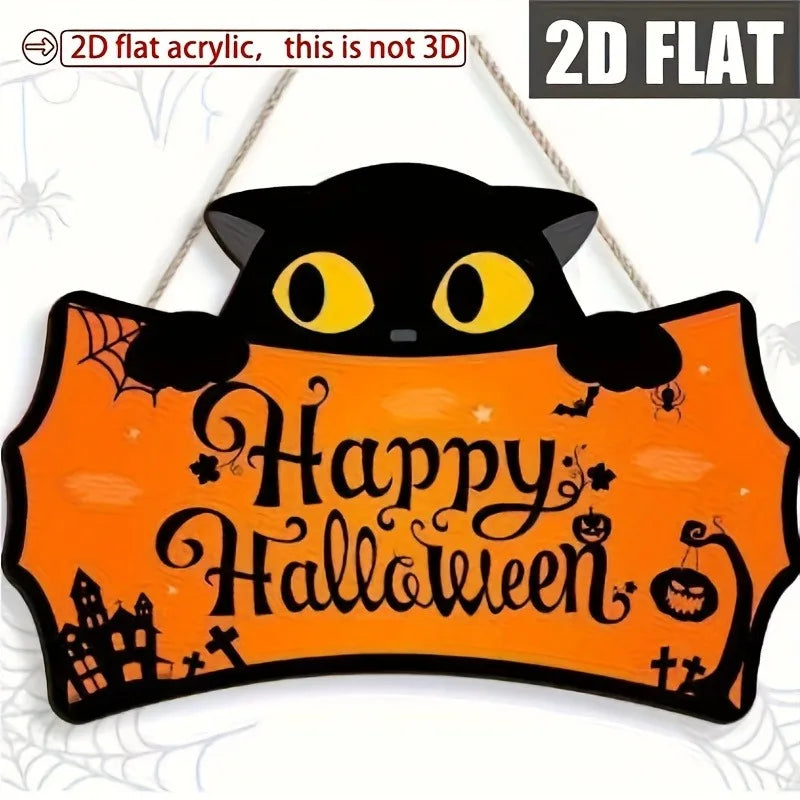 Halloween Wooden Hanging Sign Black Cat Pumpkin Bat Spider Door Decor for Porch