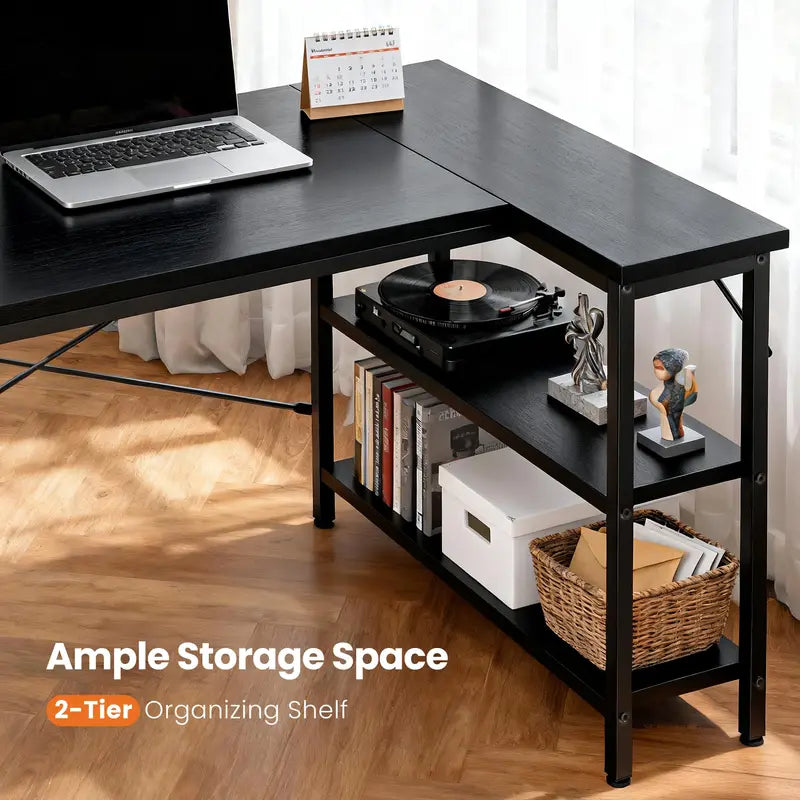 L-Shaped Computer Desk with Reversible Shelves - 47 Inch Corner Gaming & Office Table