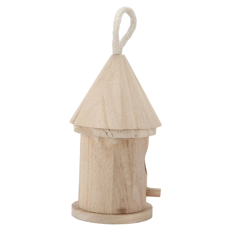 Wooden Hanging Bird House with Cotton Rope - Outdoor Garden Decoration