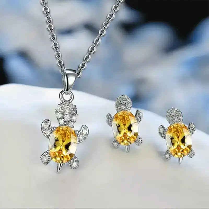 Luxury Turtle-Shaped Multi-Color Glass Diamond Women's Necklace Pendant & Earrings Set