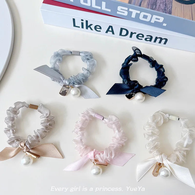 5pcs Elastic Hair Ties with Bow Hair Rings for Women and Girls - Korean Style