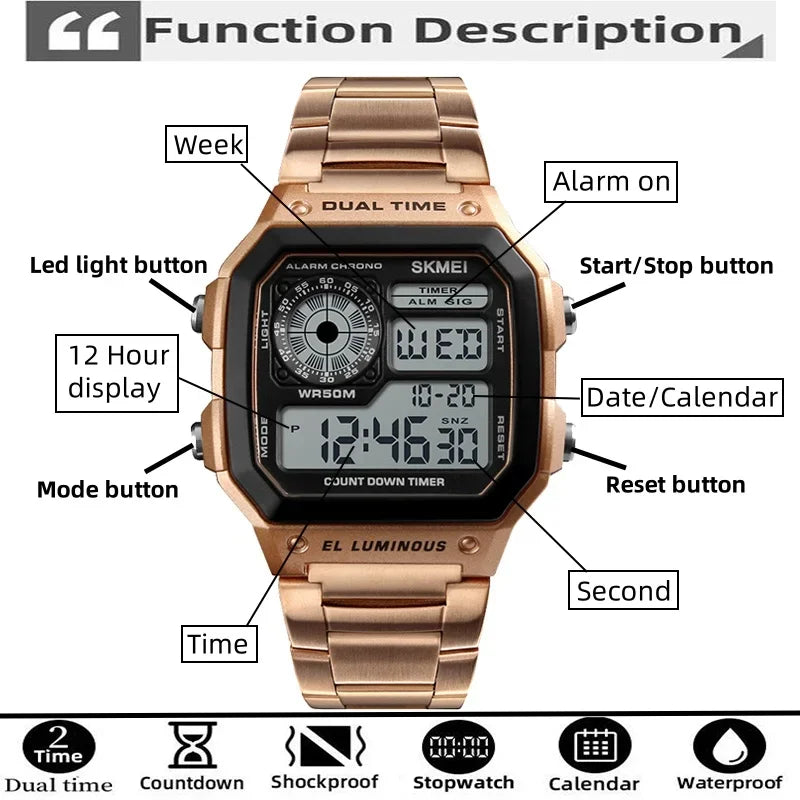 Digital Sports Watch Men Waterproof Dual Time Zone Stainless Steel Band