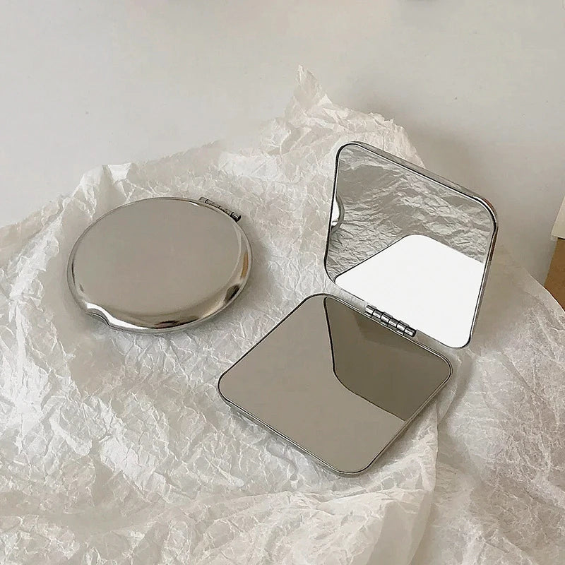 Portable Women Stainless Steel Pocket Makeup Mirror Small Folded Handheld Compact