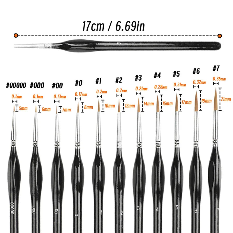 Fine Paint Brush Set for Acrylic Models - 11 Sizes, Black Tip, Nylon Hair, Detail Miniature Brushes