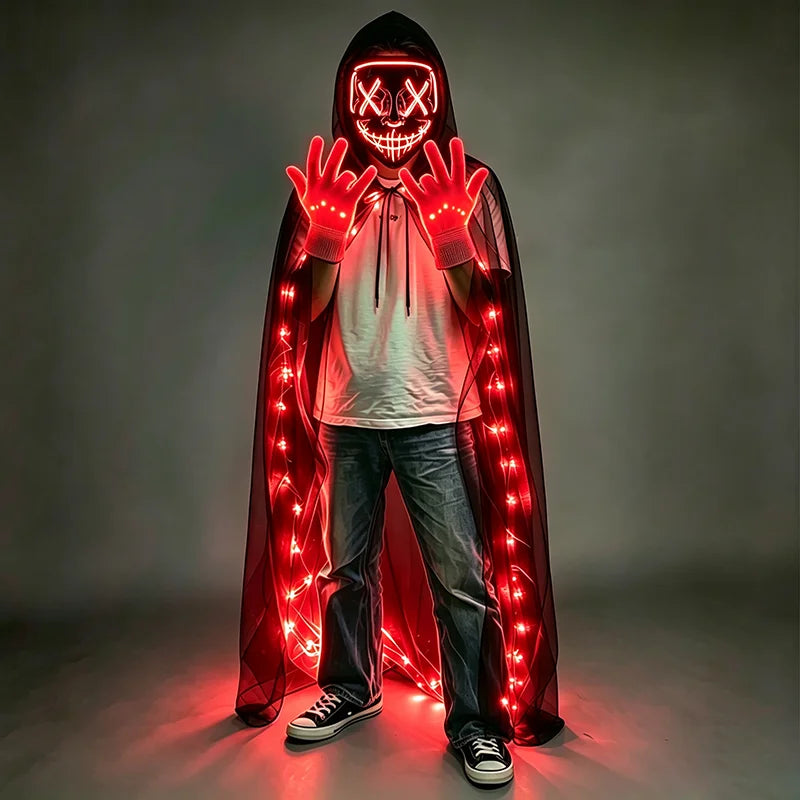 Wireless LED Neon Mask & Fiber Optic Gloves for Halloween Carnival Party