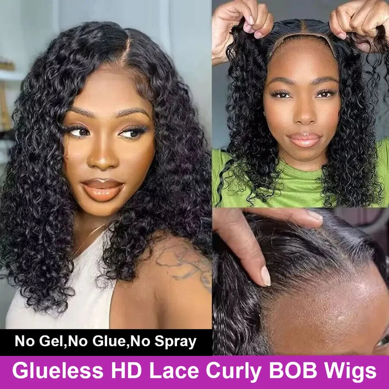 Deep Wave Glueless Human Hair Wigs 13x6 Lace Front Short Bob Style - Natural Black