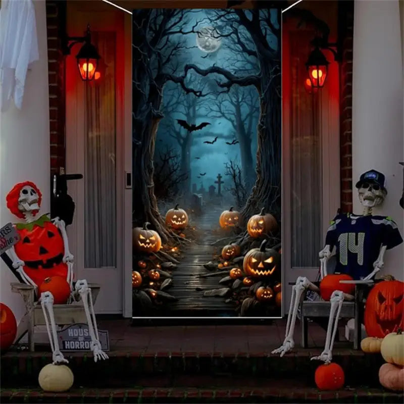 Halloween Door Banner Decorations Horror Night Cemetery Pumpkin Scene