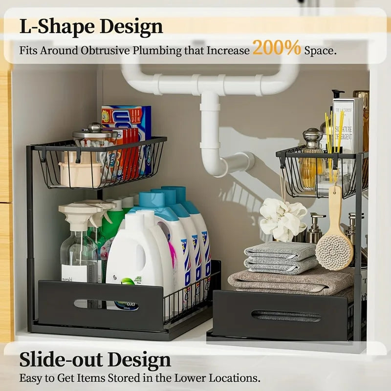 Under Sink Organizer with Sliding Drawer - Metal Storage Shelves for Kitchen Cabinets