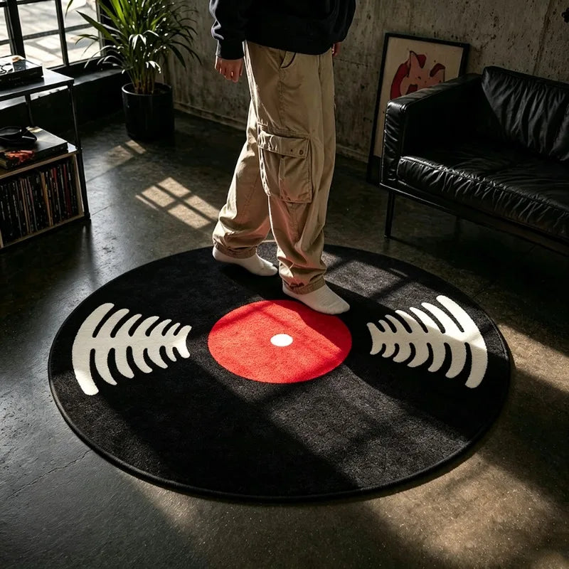 Music-Themed Vinyl Record Round Rug - Retro Bedroom Floor Mat, Washable Home Decor