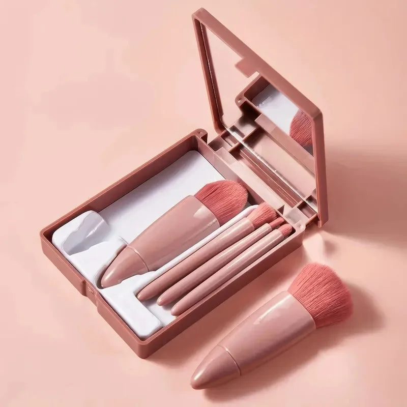 Pink Makeup Brush Set with Mirror Compact - 5 Soft Bristles for Face & Eye Makeup