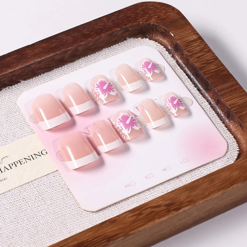 24Pcs Short Square Fake Nail Set with Floral French Design - Full Cover Press On Nails