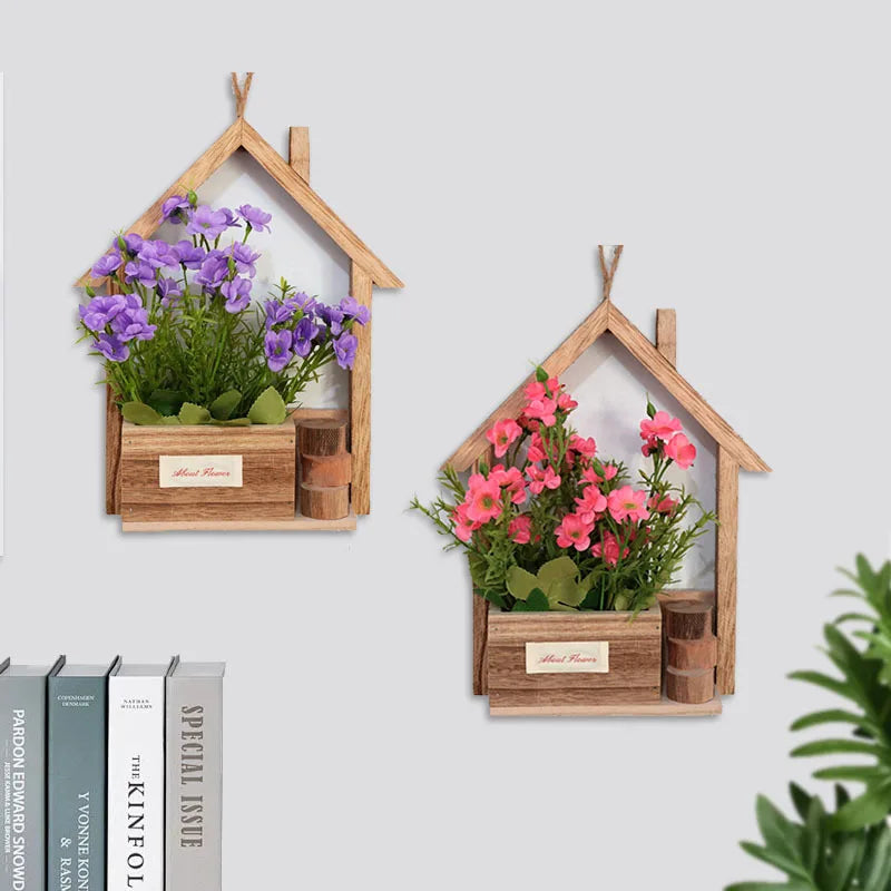 European Wooden Wall Planter with Rustic Hanging Basket for Living Room Decor