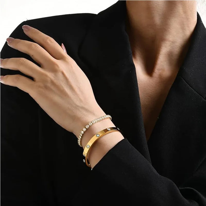 2-Piece Gold Plated Tennis Bracelets for Women - Dainty Love Bangle Set with Cubic Zirconia