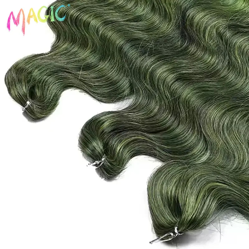 Long Synthetic Body Wave Crochet Hair Extensions 24 Inch Ombre Blue Green