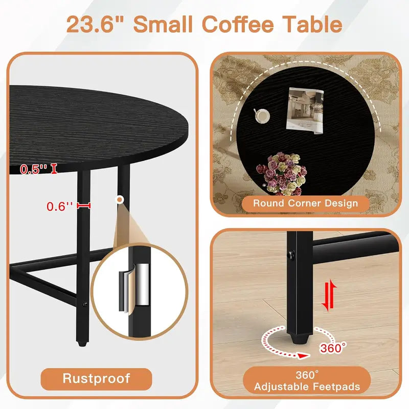Round Coffee Table 23.6 Inch with Metal Frame for Living Room & Office