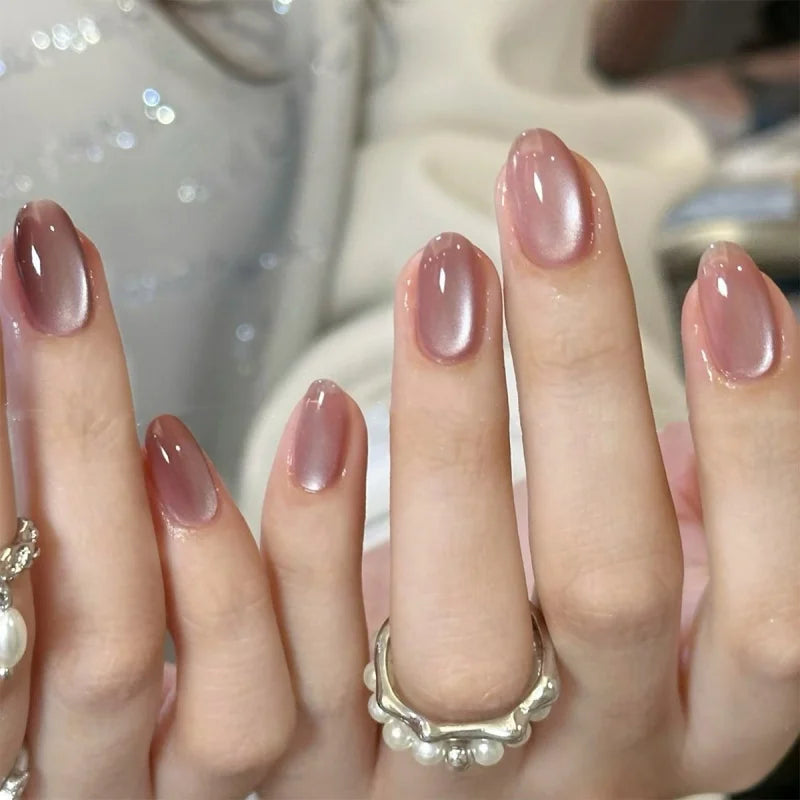 24pcs Almond Press-On Nails Tips with Blush Design - Short Oval Fake Nails for Manicure