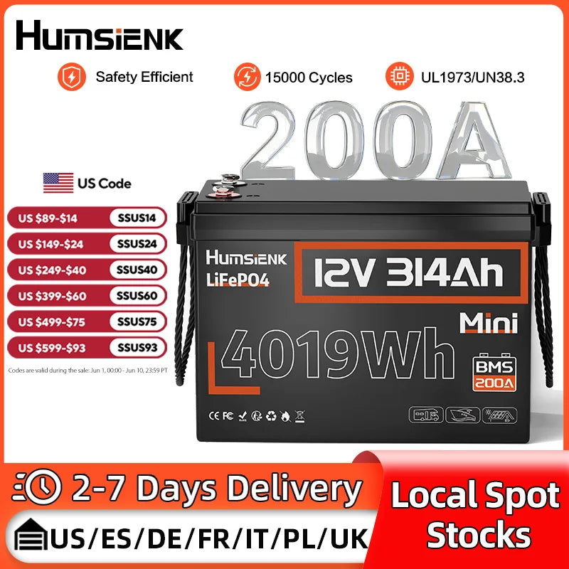 12V 314Ah Lithium Iron Phosphate Battery with 200A BMS for RV Solar Off-Grid Marine
