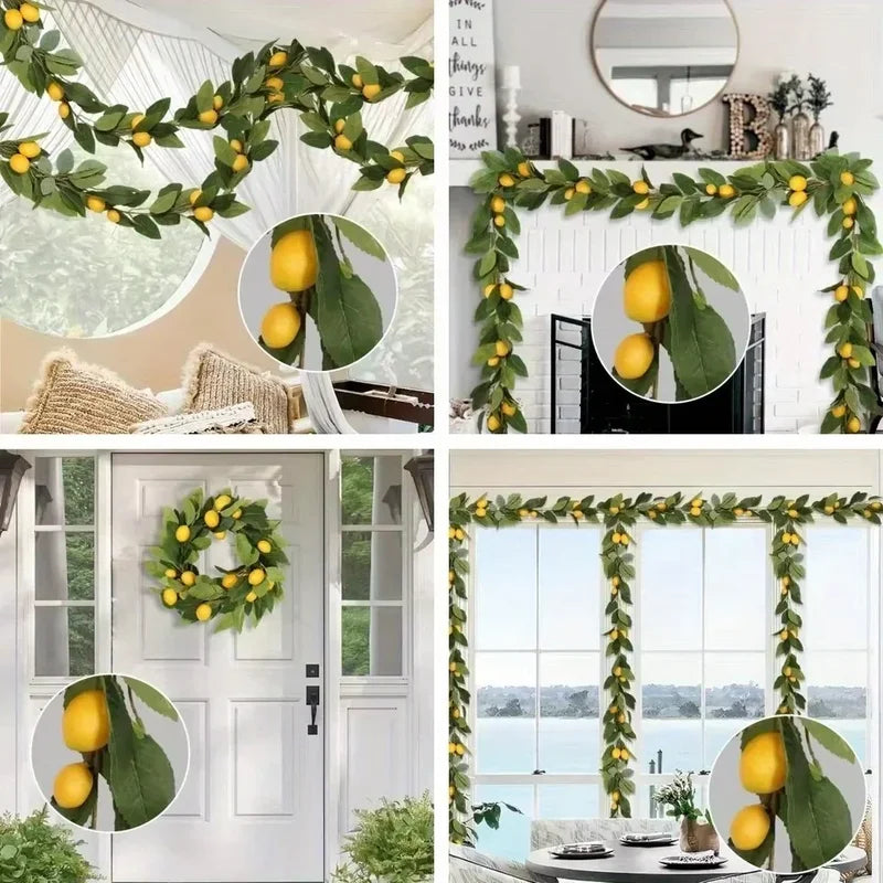 Artificial Lemon Wreath with Green Plants for Home Door Wall Decor - Wedding Party