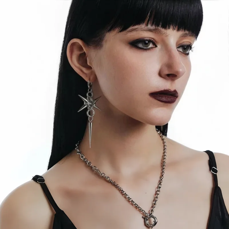 Gothic Stainless Steel Spike Hoop Earrings Long Dangle Punk Jewelry