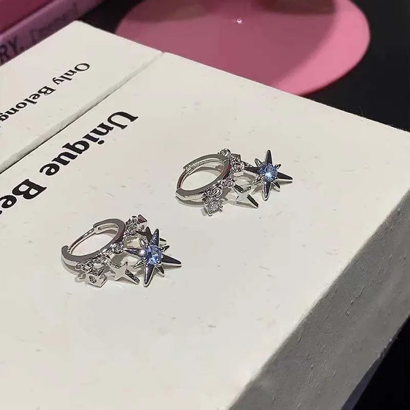 Y2K Blue Zircon Star Tassel Earrings for Women Men Silver Jewelry Gift