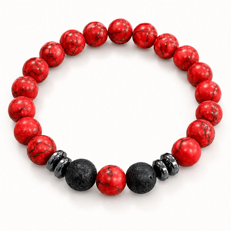 Red and Black Beaded Bracelet with Red Stone-Like Textures - Gift Ready