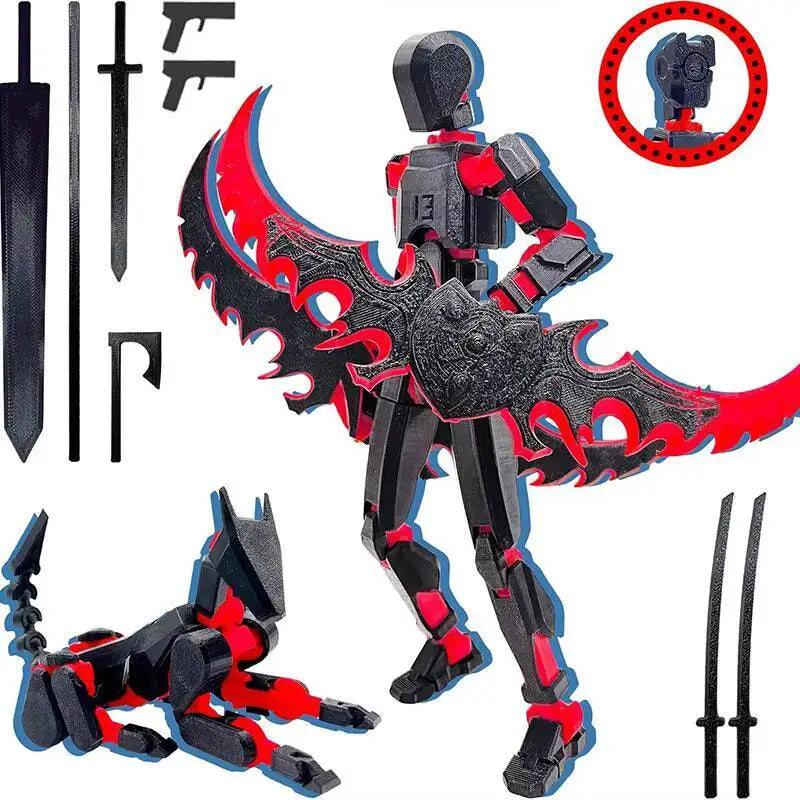 3D Printed Action Figure Set - Multi-Jointed Robot Toys, Black and Red