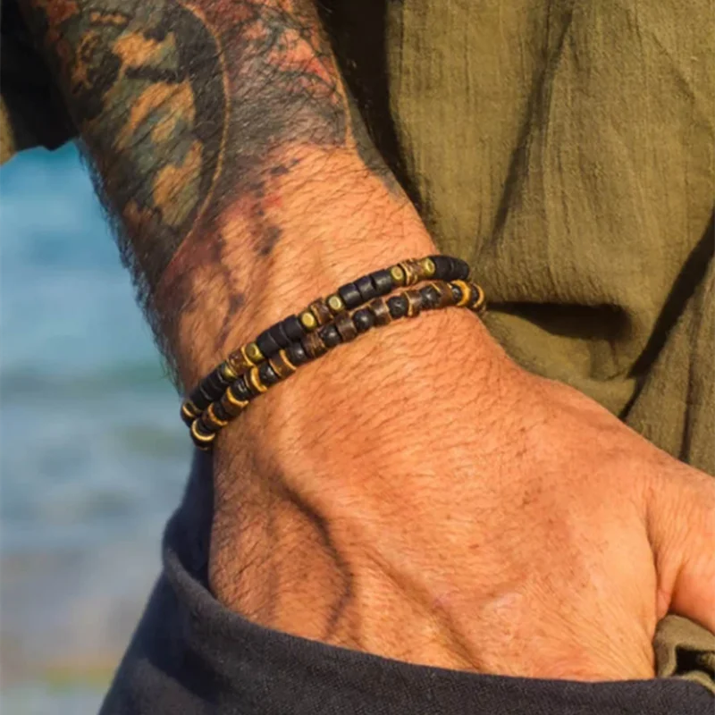 Wood Braided Leather Bracelets for Men 2-Pack Vintage Stone Jewelry Set
