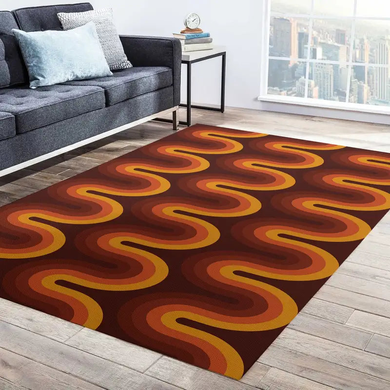 Geometric Area Rug - Retro 70s Style Mid-Century Dorm Decor in Multiple Sizes